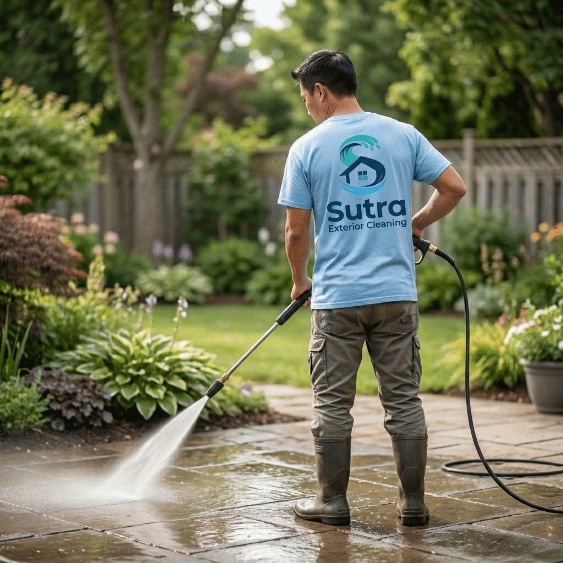 sutra exterior cleaning staff cleaning sidewalk